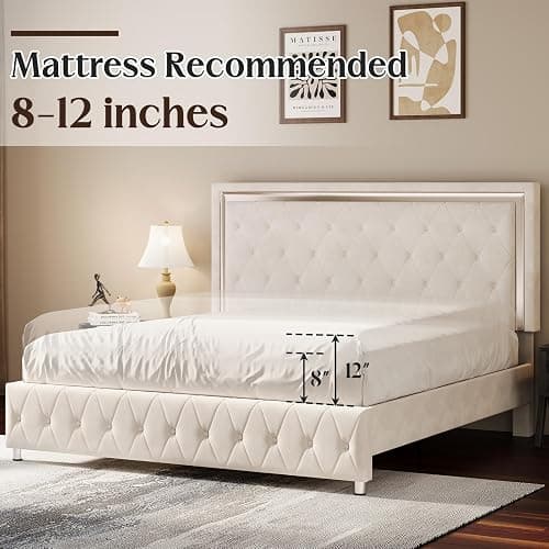 YUMPIE Full Bed Frame LED Lights Headboard, Velvet Upholstered, Cream | Adjustable Headboard built-in Chic Acrylic, Footboard, No Box Spring Needed, Solid Wood Slats, Noise-Free, Easy Assembly thumbnail 7