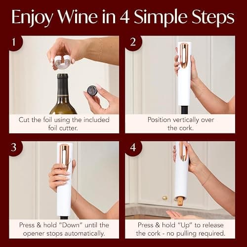 Rechargeable Electric Wine Bottle Opener - Charging Base and Foil Cutter Included with Automatic Wine Opener - Electric Corkscrew for Easy Cork Removal - Best Gift for Wine Lover (White & Rose Gold) thumbnail 6