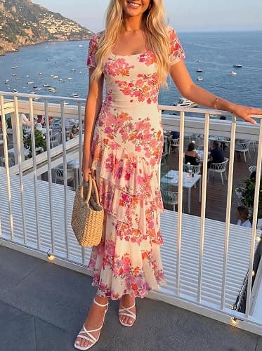 ZESICA Women's Summer Floral Bodycon Maxi Dress 2026 Square Neck Mesh Ruffle Elegant Cocktail Wedding Party Long Dresses thumbnail 5