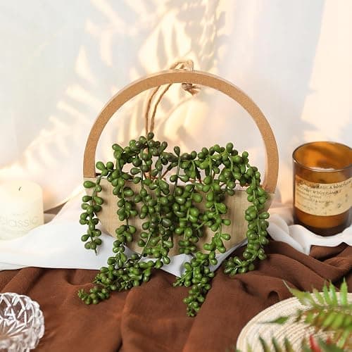 Floweroyal 2pcs Artificial Succulents Hanging Plants 12.2'' Fake String of Pearls in Pot with 8.3'' Lanyard for Indoor Outdoor Wall Decor（Wood Color）. thumbnail 7