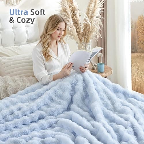 Smoofy Faux Fur Throw Blanket for Couch - Light Blue Super Soft Cozy Bubble Blanket, Fluffy Plush Fuzzy Throw for Sofa & Bed, Thick Lightweight Warm Blanket, Luxury Aesthetic Gift for Women 50"x60" thumbnail 4