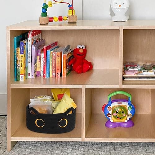 WILLITAT Black Cat Toy Basket, Small Woven Cat Toy Storage Box with Cute Ears Handle Indoor, Cotton Rope Storage Bin with Embroidered Face for Halloween Decor, Pet Bed, Nursery Kids Room Organization thumbnail 6