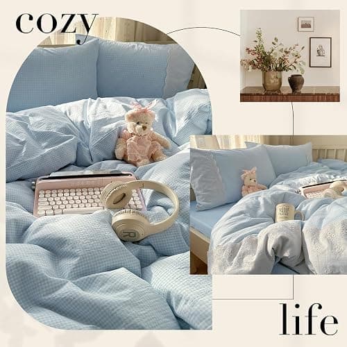 mixinni Blue Gingham Duvet Cover Full Size - 3 Piece Cottagecore Plaid Bedding Set with Lace Trim, Soft Washed Microfiber Vintage Aesthetic Grid Comforter Cover & Pillow Shams, (Blue White Gingham) thumbnail 4