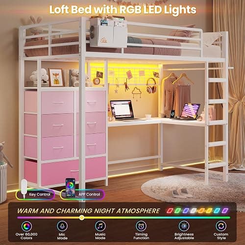 DICTAC Twin Size Loft Bed with L-Shaped Desk and 7 Storage Drawers,Metal Twin Loft Bed for Kids with LED Lights & Charging Station,Girls loft beds with 13.11" H Safety Guardrail and Stair,White+Pink thumbnail 4