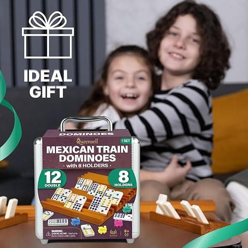 Queensell Mexican Train Dominoes Set with 8 Holders - Wooden Hub and Tiles Holders - Double 12 Tiles with Dots (D12 + 8 Holders) thumbnail 4