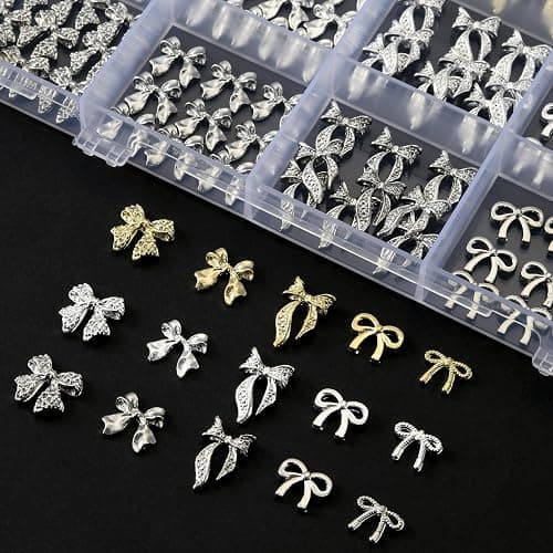 OPMADM 135 Pcs Bow Nail Charms 5 Styles Metal Bow Charms for Nails Gold Silver and White Gold thumbnail 3