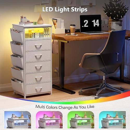 EnHomee Night Stand with 5 Drawers, Tall Nightstand with Charging Station and LED Light, Bedside Table with Extra Side Bag & Hooks, Bedroom, Closet, Hallway, Entryway, White thumbnail 7