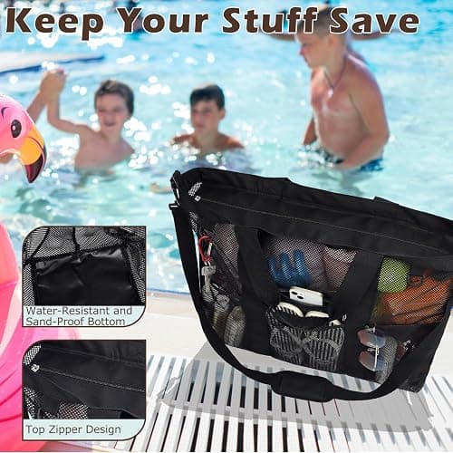 Fammart Mesh Beach Bag, Large Beach Tote with Zipper Pocket, Toys Pool Bag for Family Travel Vacation Cruise Essentials thumbnail 5