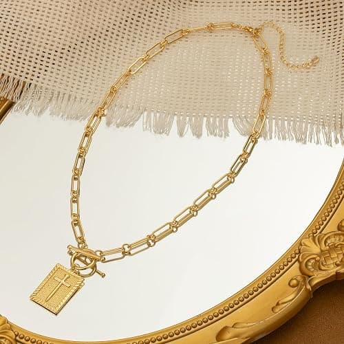 Moodear Cross Necklace for Women Trendy Chunky 14K Gold Plated/Silver Plated Cross Pendant Necklace Toggle Clasp Paperclip Chain Dainty Charm Necklace Fashion Religious Simple Jewelry Christian Gifts for Women Faith thumbnail 5