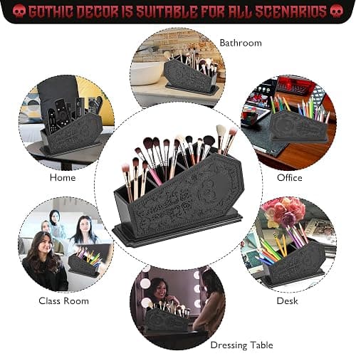 Gothic Coffin Decor Makeup Brush Holder,Spooky Witchy Gifts for Women,Skull Cosmetic Display Cases,Goth Decor Pen Holder, Vanity, Desk, Office Organizer for Christmas Bedroom Bathroom (Black) thumbnail 7