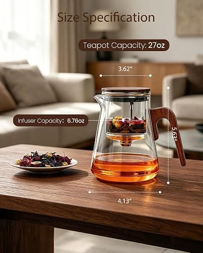 ZENS Magnetic Tea Pot, Enchanted Glass Teapot with Infuser and Magnetic Suction Lid for Mess-Free Loose Tea Diffusers, Walnut Wood Handle, Tea Lovers Gifts thumbnail 6