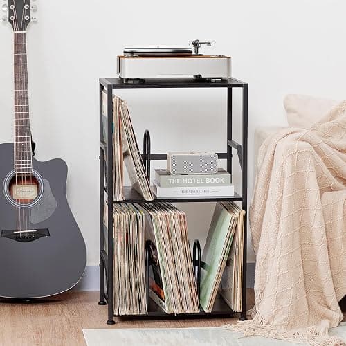 LOAKEKEL Record Player Stand, Vinyl Record Storage Up to 200 Albums, 3 Tier End Table with Removable Dividers, Tall Side Table for Living Room, Bedroom, Black, HETCD010BK1 thumbnail 2