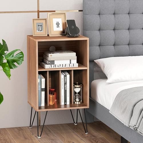 COSTWAY Meuble Tourne-Disque Vinyle avec Prise, Support Tourne-Disque pour Albums avec Station de Charge, 2 Prises, 1 USB,1 Type-C, Pieds en Métal, Table d’Appoint pour Salon Chambre (Noyer) thumbnail 9