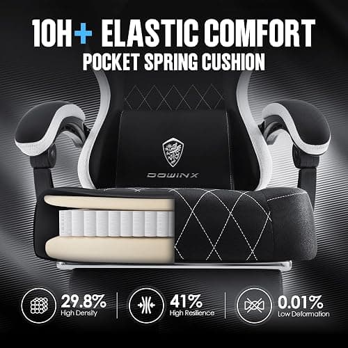 Dowinx Fabric Gaming Chair, Ergonomic Computer Chair with Footrest and Pocket Spring Cushion, Height Adjustable Video Gamer Chair with Lumbar Support for Adults, Black thumbnail 4
