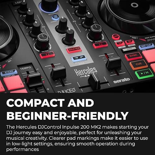Hercules DJControl Inpulse 200 MK2 2-Channel DJ Controller Bundle with Case, TRS-to-RCA Breakout Cable, and Austin Bazaar Polishing Cloth thumbnail 5