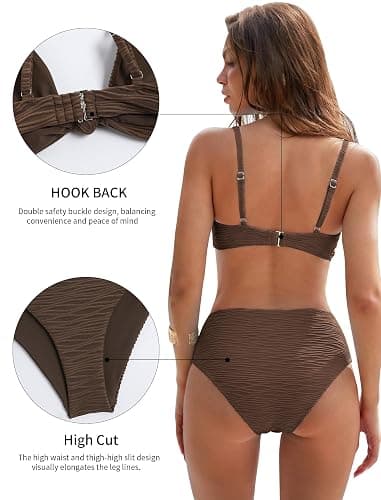 ZAFUL Bikini Set for Women V Neck Knot Front Push Up Bathing Suit High Cut Two Piece Swimsuit Brazilian Cheeky Swimwear thumbnail 5
