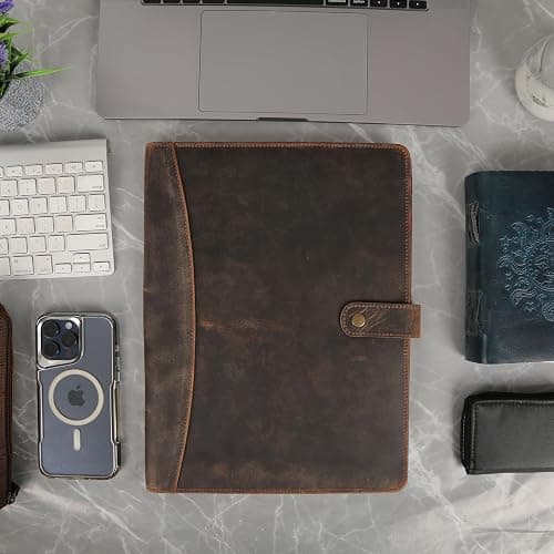 KomalC Leather Portfolio Folder with Button Closure | Business Padfolio for Professionals | Vintage Full-Grain Leather Organizer with Legal Pad Holder, Card Slots & Document Pockets (Distressed Tan) thumbnail 2