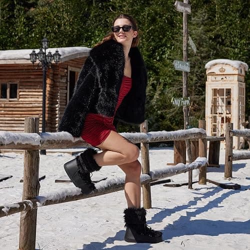 IXU Women's Fuzzy Snow Boots Winter Mid Calf Faux Fur Boots Lace-up Warm Winter Boot thumbnail 5