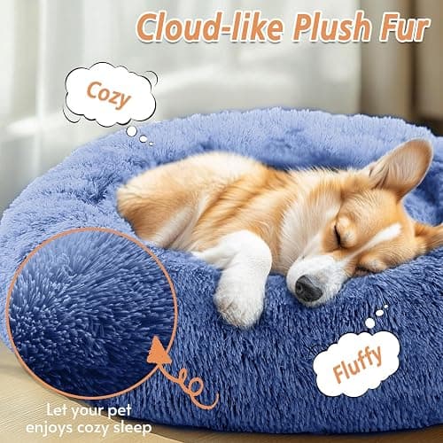 JOLLYVOGUE Small Dog & Cat Beds for Indoor Cats, Donut Cuddler Warming Soft Dog Beds with Anti-Slip Bottom, Round Calming Fluffy Plush Faux Fur Cushion Bed for Small Dogs (20", Navy Blue) thumbnail 3