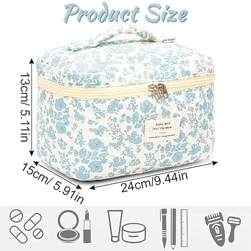 Cotton Makeup Bag Floral Quilted Cosmetic Pouch Large Capacity Flap Handheld Travel Cosmetic Bag Kawaii Coquette Aesthetic Floral Toiletry Bag for Women Girls (Blue) thumbnail 2