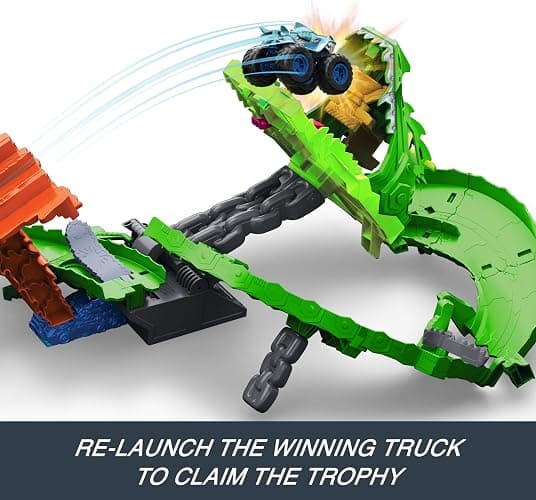 Hot Wheels Toy Monster Trucks, Sharks vs. Dinos Dragon Destruction Playset with 1:64 Scale Great Bite & Rageasaur, Race to Defeat The Cyborg Nemesis thumbnail 4