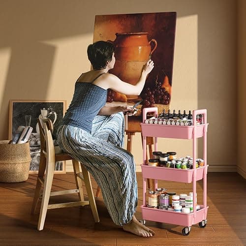 Pipishell 3 Tier Rolling Cart Organizer, Plastic Rolling Cart with Lockable Wheels & Reinforced Handle, Lightweight Utility Storage Cart for Nursery, Kitchen, Craft Room, Pink thumbnail 2