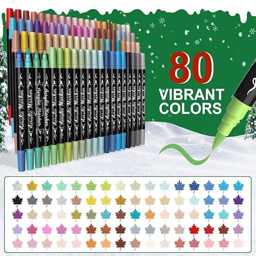 TOSHARE 80 Colors Acrylic Paint Markers, Waterproof Dual Tip Acrylic Paint Pens with Brush and Fine Tip, Markers Set for Paper, Rock, Wood, Canvas, Glass, Ceramic and DIY Crafts Making Art Supplies thumbnail 2