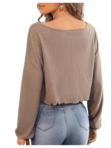 SweatyRocks Women's Long Sleeve Tee Shirt V Neck Ribbed Knit Lettuce Trim Crop Top thumbnail 2