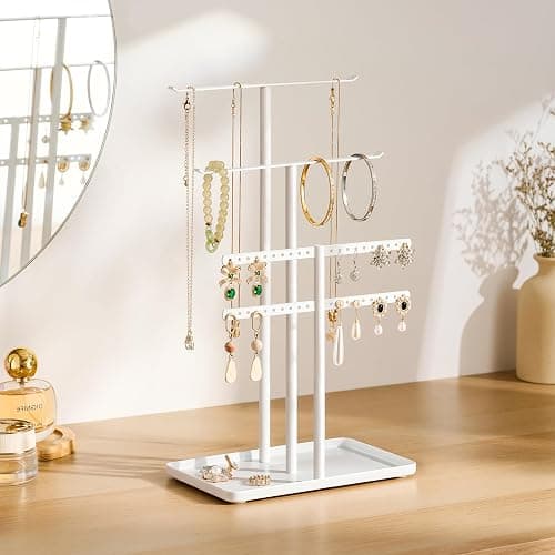 pickpiff Jewelry Stand Organizer, 14.5" Tall Sturdy Metal, 3-TierJewelry Holder for Necklace, Earring, Bracelet, Ring, Hanger for Display and Storage, Aesthetic Room Decor, White thumbnail 6
