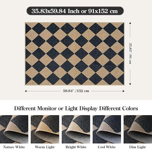 Lahome Colette Checkered Easy Jute 3x5 Outdoor Patio Rug, Washable Rugs for Entryway Diamond Indoor Outdoor Living Room Carpet, Farmhouse Neutral Non Slip Black Door Carpet for Backyard Bedroom thumbnail 2