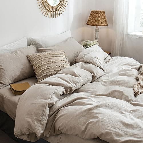 MooMee Bedding Duvet Cover Set 100% Washed Cotton Linen Like Textured Breathable Durable Soft Comfy (Heathered Tannish Linen Grey, Queen 90"x90") - Heathered Tannish Linen Grey (No Comforter) - Queen (90"x90") thumbnail 5