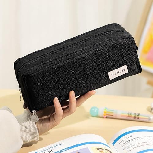 CICIMELON Large Capacity Pencil Case 3 Compartment Pouch Pen Bag for School Teen Girl Boy Men Women (Black) thumbnail 2