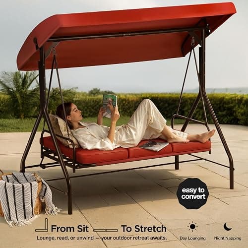 Porch Swing - 3-Seat Patio Outdoor Swing with Canopy for Adultes, Convertible Glider Bed, Thick Removable Cushions & Pillows for Backyard, Porch, Garden - Burgundy thumbnail 3
