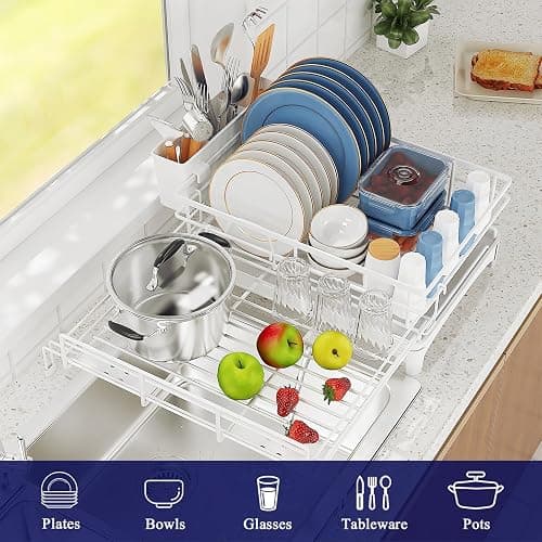 COHOSEGE Large Dish Drying Rack,Extendable Dish Rack with Cutlery Holder, Anti-Rust White Dish Racks for Kitchen Counter,Dish Drainers for Kitchen Sink,Over The Sink Drying Rack Kitchen thumbnail 6