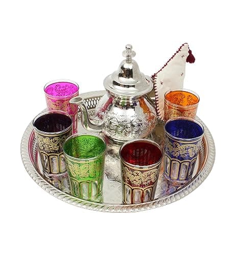Moroccan Teapot Set Engraved Large: Silver Tea Pot with Integrated Filter and Teapot Holder, 6 Multicoloured Tea Glasses and Silver Tray, Handmade in Morocco, Serving Mint Tea Gift Set - Image 1