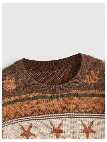 MakeMeChic Women's Winter Christmas Sweaters Grandpa Vintage Striped Oversized Long Sleeve Crew Neck Brown Knit Sweater thumbnail 4