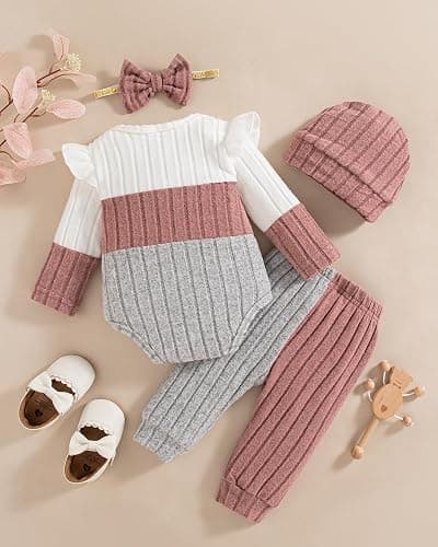 Mioglrie Newborn Baby Girl Clothes Infant Fall Outfits Color Block Pants Set Baby Clothes for Girls 0 3 6 9 12 18 Months thumbnail 5