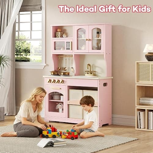 knoworld Play Kitchen for Kids, Wooden Toy Kitchen Set with Smart Storage & Accessories, Toddler Kitchen Playset with Stove & Oven, Pretend Play Set, Gift for Ages 3+, Pink thumbnail 9