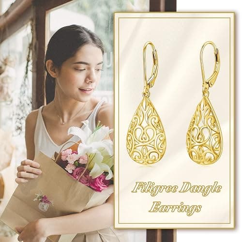 VONALA Filigree Teardrop Earrings for Women Rose Gold Plated /Gold Plated / Moonstone / Abalone / Turquoise / Blue Crystal / Green Crystal Teardrop Dangle Earrings Filigree Leverback Earrings for Women Teens Girls Birthday Gift thumbnail 6