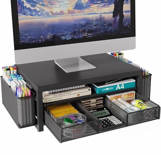2 Tier Monitor Stand Riser with Drawer & 2 Pen Holders Storage for Desktop, Metal Computer Desk Organizer Stand for Laptop, Computer, iMac(Black) - Image 1