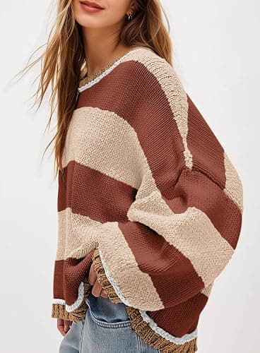 Fnortc Women's Chunky Knit Striped Sweaters Casual Long Sleeve Crew Neck Oversized Pullover Sweater Winter Fall Spring Tops thumbnail 8