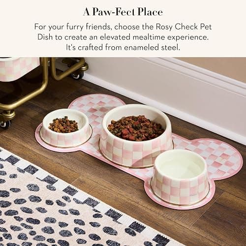 MACKENZIE-CHILDS Enamel Pet Bowl, Cute Cat and Dog Bowl for Food and Water, Medium, Pink-and-White Rosy Check thumbnail 2