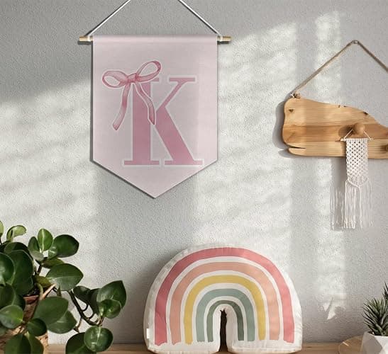 foedor initial Personalized Preppy Canvas Hanging Pennant Flag Banner, Coquette Pink Bow Teen Girl Gifts,Trendy Cute Monogrammed Gifts Wall Decor for Women Teen Girl Nursery bedroom(K) thumbnail 4
