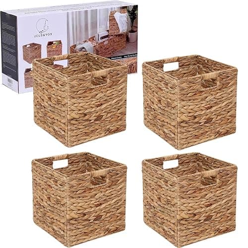 12x12in Storage Baskets Set of 4 Water Hyacinth Baskets,Foldable Handwoven Storage Cubes,Wicker Cube Baskets Laundry Organizer Totes for Home - Image 1
