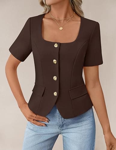ZESICA Women's Trendy Vests Top 2026 Spring Summer Square Neck Short Sleeve Blazer Button Down Crop Casual Work Blouse thumbnail 3