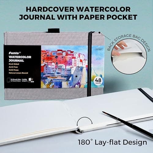 Funto Watercolor Journal, 8.5x5.5, 48 Pages, Cold-Pressed, Inner Paper Pocket and Elastic Band, Art Supplies for Mixed Media thumbnail 7