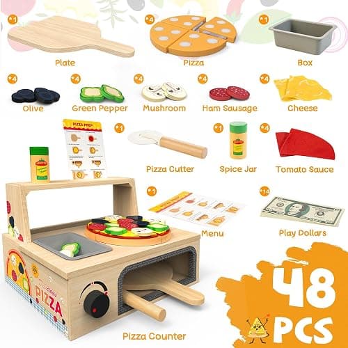WOODMAM Wooden Pizza Toy - 48 PCS Montessori Pretend Play Food for Ages 3+, Educational Learning Toy Wooden Playset with Bake Oven, Christmas Birthday Gift for 3 4 5 6 Year Old thumbnail 3