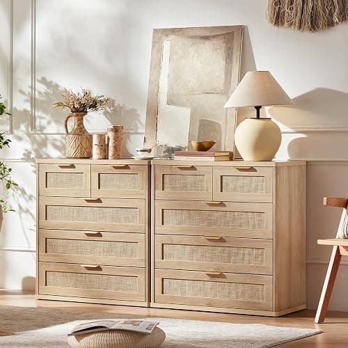 LEYAOYAO Rattan Dresser for Bedroom, 33.5" Tall Chest of Drawers, Modern 5 Drawers Boho Dressers with Storage, Light Oak Dresser Wooden Closet Organizer for Living Room, Hallway, Natural Wood thumbnail 2