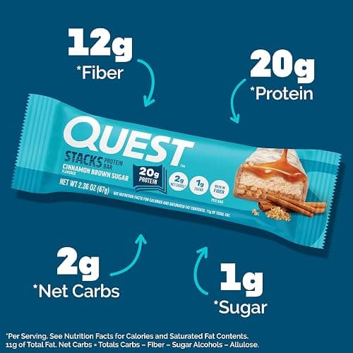 Quest Nutrition Stacks Protein Bars, Cinnamon Brown Sugar, 20g Protein, 2g Net Carbs, 1g Sugar, High Fiber, Low Sugar, Gluten Free, 12 Count thumbnail 3