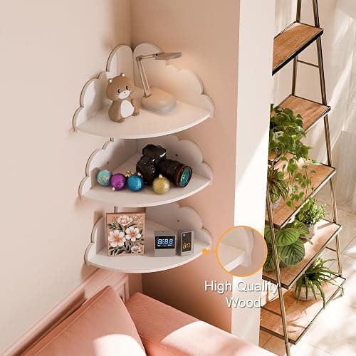 Solid Wood Cloud Floating Corner Shelves for Nursery, Set of 3 Cloud Shaped Wall Shelf, Cute Corner Shelves Wall Mounted White, Small Display Shelf Nursery Decor for Bedroom, Living Room, Bathroom thumbnail 5